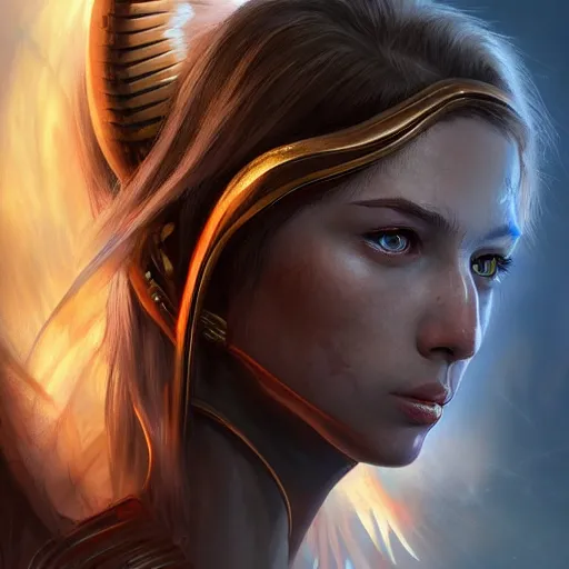 Prompt: female angel warrior. hyperrealistic portrait, photo realistic, poster, artstation, volumetric lighting, digital art, very detailed face by magali villeneuve