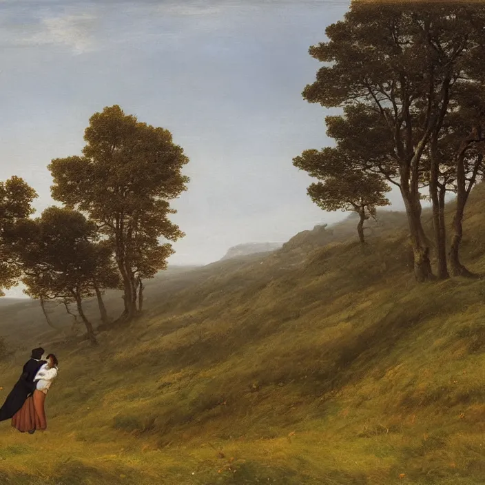 Image similar to adult dark - skinned man and woman kissing on the moorland, painting by caspar david friedrich