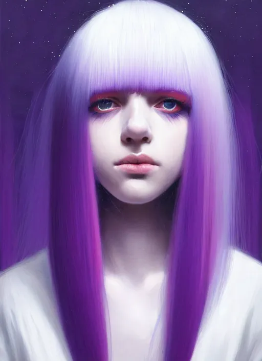 Image similar to hair whitebangs hair, black hair, whitebangs, portrait of teenage girl with white bangs, red irises, purple clothes, white bangs, bangs are different color from hair, intricate, elegant, glowing lights, highly detailed, digital painting, artstation, concept art, smooth, sharp focus, illustration, art by wlop, mars ravelo and greg rutkowski