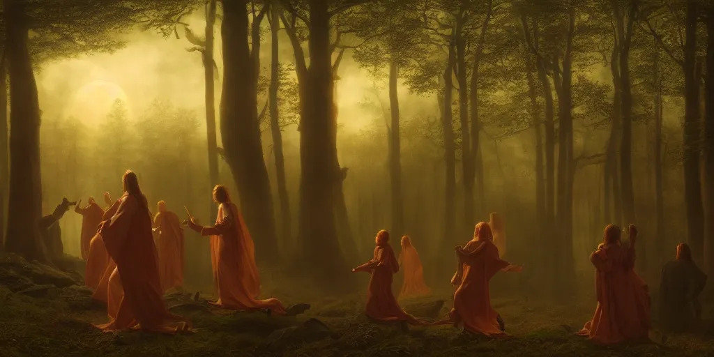 Image similar to masterpiece ephemeral demons, vampires and witches dancing in the woods at dusk, edmund leighton, majestic, volumetric lighting, photorealistic, intricate, trending on artstation 8 k