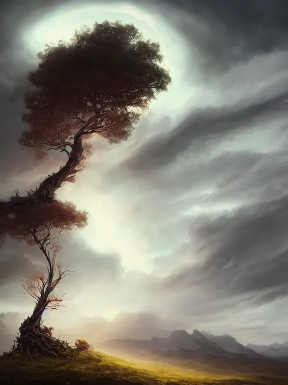 Prompt: photo of 8k ultra realistic lone dead tree on hill surrounded by swirling clouds and lighting, dark, menacing, full of colour, cinematic lighting, battered, trending on artstation, 4k, hyperrealistic, focused, extreme details,unreal engine 5, cinematic, masterpiece, art by Peter Mohrbacher