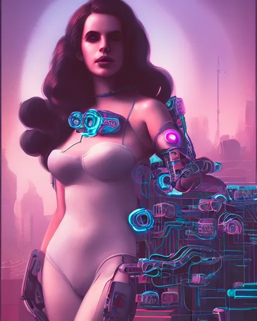 Image similar to portrait of lana del rey as a cyberpunk cyborg. roses, sci - fi, missing panels, intricate abstract, upper body, intricate artwork, by tooth wu, wlop, beeple, dan mumford. concept art, 8 k octane render, deviantart, greg rutkowski, cinematic, key art, hyperrealism, iridescent accents