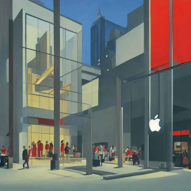 Image similar to apple store opening in Tokyo, painted by Edward Hopper, painted by James Gilleard, airbrush