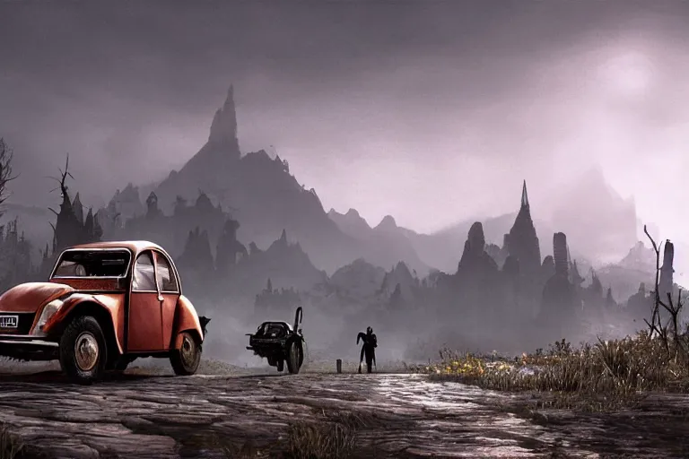 Image similar to daedric offroad citroen 2 cv ( 1 9 6 5 ) driving across the rift, daedric axe stored on the side of the car, leather and cloth traveller backpacks on roof, riften city in the background, epic fantasy, autumn, the elder scrolls v : skyrim, dramatic lighting, establishing shot, by simon stalenhag