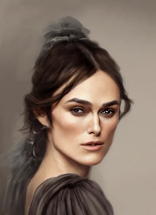 Image similar to a photograpic portrait of Keira Knightley, pride and prejudice, realistic, with kind face, dark hair, georgian dress, intricate, elegant, highly detailed, digital painting, smooth, sharp focus