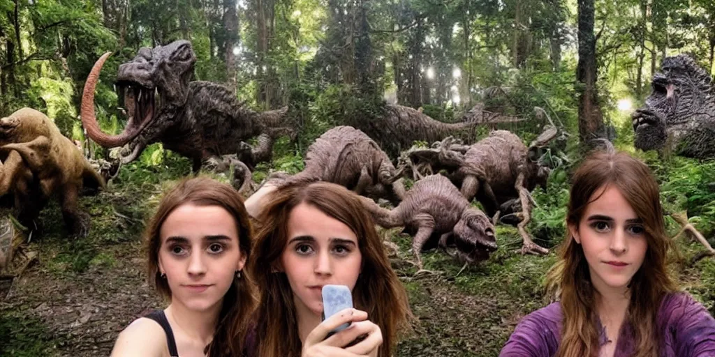 Prompt: photo, hairy fat cave people, emma!! watson!!, looking at camera, surrounded by dinosaurs!, gigantic forest trees, sitting on rocks, bright moon, birthday cake on the ground, front close - up view of her face, selfie, jelly monster