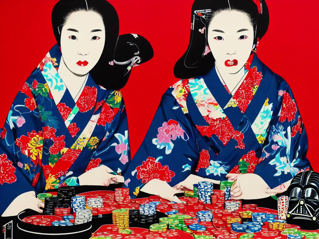 Image similar to hyperrealistic composition of the detailed woman in a japanese kimono sitting at a poker table with detailed darth vader, fireworks, mount fuji on the background, pop - art style, jacky tsai style, andy warhol style, acrylic on canvas