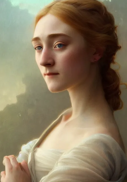 Image similar to saoirse ronan intricate, elegant, highly detailed, digital painting, artstation, concept art, smooth, sharp focus, illustration, art by artgerm and greg rutkowski and alphonse mucha and william - adolphe bouguereau