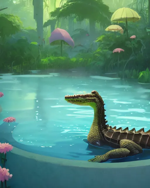 Image similar to a cute alligator taking a bath in a hot spring with lush vegetation around, cory loftis, james gilleard, atey ghailan, makoto shinkai, goro fujita, character art, rim light, exquisite lighting, clear focus, very coherent, plain background, soft painting