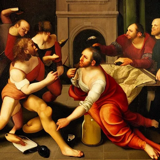 Prompt: an renaissance oil painting depicting customers fighting over toiletpaper, masterpiece, detailed oil painting, historical, battle