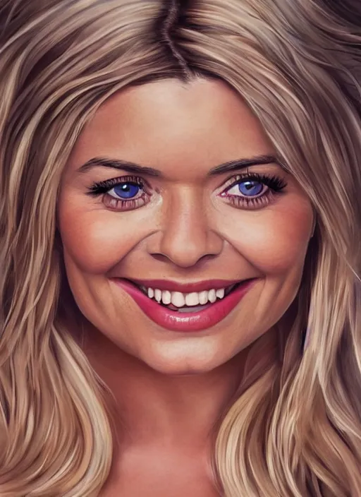 Prompt: holly Willoughby with the physique of a body builder, full body, symmetrical facial features, eye contact, hyper realistic, ultra detailed, cinematic, dynamic lighting, photorealistic, refined, intricate, digital art, digital painting, masterpiece, 8k