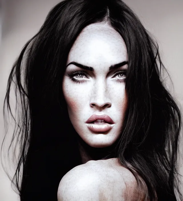 Prompt: photography facial portrait of megan fox, natural background, natural pose, wearing one organic futurist cape from iris - van - herpen, with a subtle colorfull - makeup. highly detailed, skin grain detail, photography by paolo roversi, nick knight, helmut newton, avedon, araki