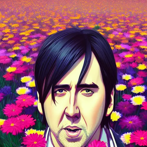 Image similar to a portrait of Nicolas Cage, field of flowers background, rich vivid colors, ambient lighting, dynamic lighting, 4k, official media, anime key visual, makoto shinkai, ilya kuvshinov, lois van baarle, rossdraws, detailed, trending on artstation