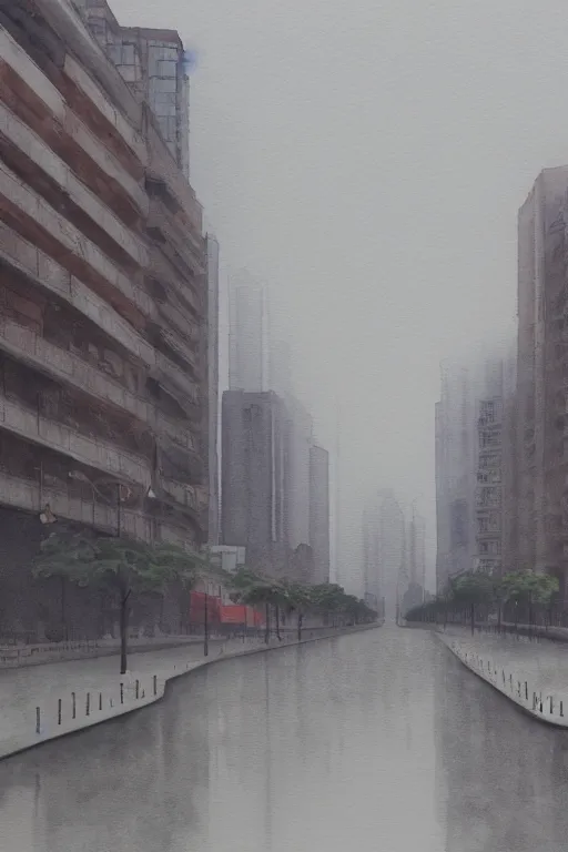 Image similar to A watercolor depicting an empty Shanghai Xujiahui, gloomy weather, high contrast, smooth, by Joseph Zbikowicz, 8k