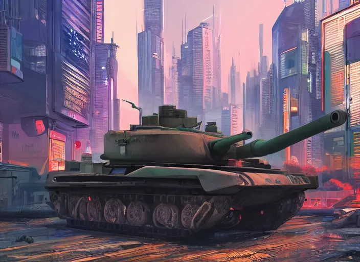 Image similar to A tank in a cyberpunk city, detailed, warm colours