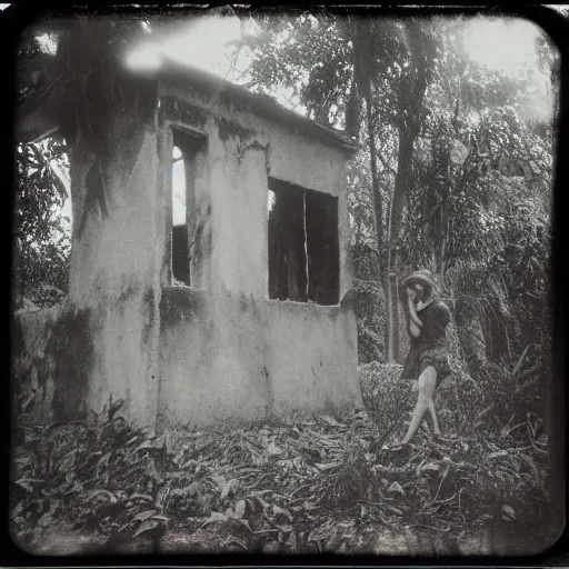 Image similar to an ancient evil-girl devouring the human souls on a mysterious Colombian jungle, mist, abandoned house, 1910 polaroid photography, grainy film, Black and white