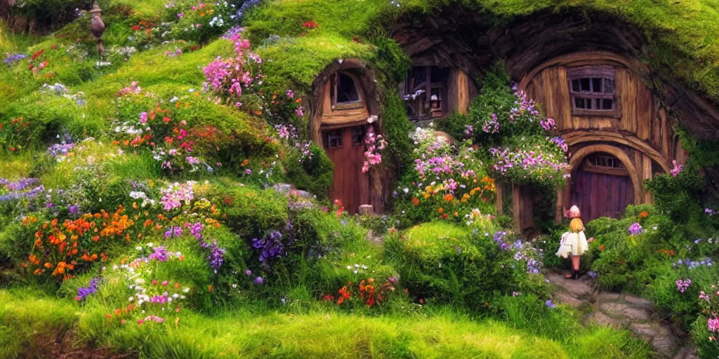 Image similar to a film still of a house from howl's moving castle!!!!! of hobbiton, light bloom, studio ghibli!!!!!