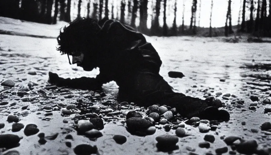 Image similar to 1 9 6 0 s movie still close up of marcus aurelius frozen to death, feets in a river with gravel and pebbles, pine forests, cinestill 8 0 0 t 3 5 mm b & w, high quality, heavy grain, high detail, texture, dramatic light, anamorphic, hyperrealistic, foggy