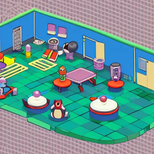 Image similar to a chubby cute pokemon gym room, 3 d illustration, isometric, 1 0 0 mm, studio lighting