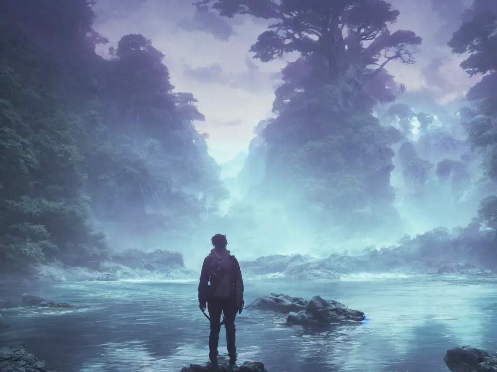 Image similar to elemental monster hunting of foggy river. vaporwave, unreal engine, greg rutkowski, makoto shinkai and lois van baarle, ilya kuvshinov, global illumination, detailed and intricate environment. hyperrealistic, volumetric lighting. epic cinematic shot, perfectly defined features, ambient occlusion