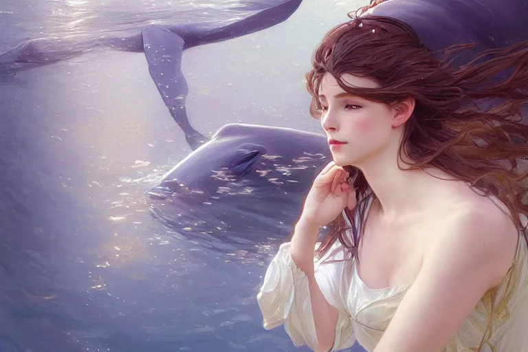 Image similar to painting of under the water, wearing beautiful clothes, hyper detailed cg rendering of a cute girl and whale, elegant, highly detailed, digital painting, artstation, concept art, smooth, sharp focus, illustration, art by artgerm and greg rutkowski and alphonse mucha, 8 k