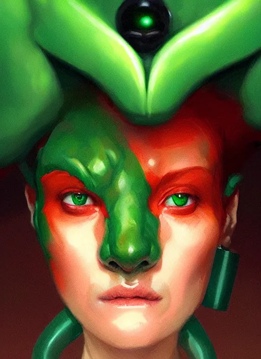 Prompt: portrait of smoking green alien, red short hair, highly detailed, digital painting, artstation, concept art, sharp focus, illustration, art by wlop, mars ravelo and greg rutkowski