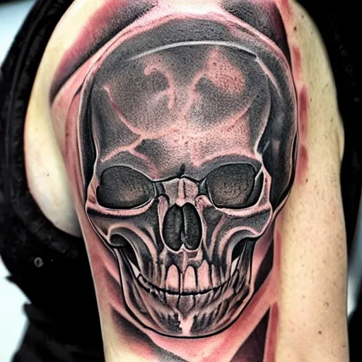 Prompt: an 8 k hi resolution realistic ultra detailed image of a contemporary tattoo showing a demon skull of an alien beast