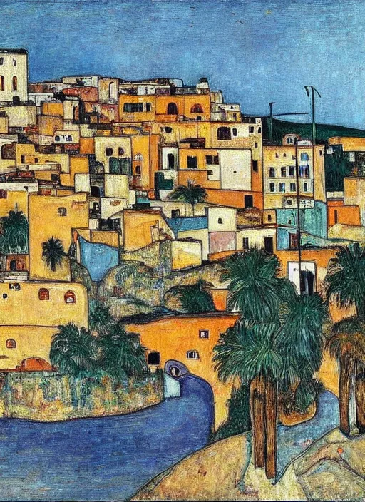 Image similar to small city in morocco with a bridge on local river, ten number house near a lot of palm trees, painting by egon schiele