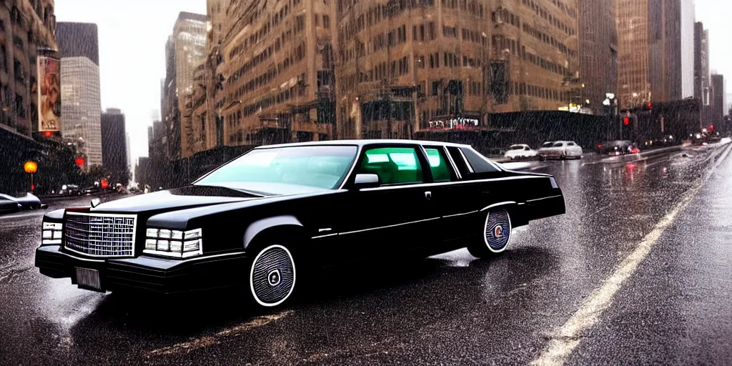 Image similar to hyper realistic, high detail real life photo of black 1 9 9 2 cadillac de ville, city streets wet, beautiful, dreary lighting