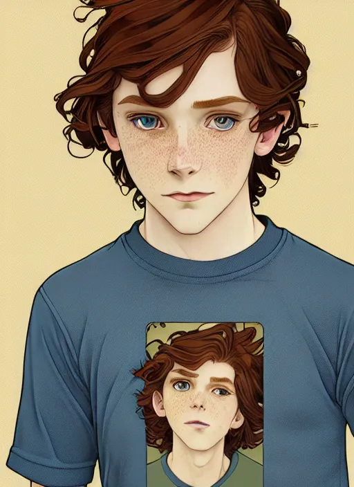 Image similar to art nouveau portrait of a teen boy with completely straight auburn hair, light blue eyes, pale skin, freckles, sad expression, t - shirt, modern casual clothing, natural lighting, path traced, highly detailed, high quality, cartoon, digital painting, by don bluth and ross tran and studio ghibli and alphonse mucha