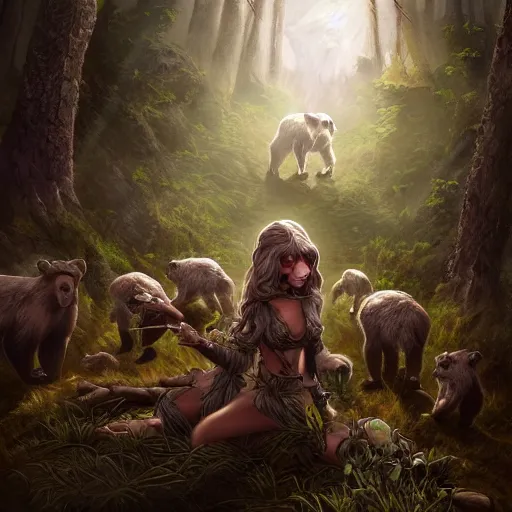Prompt: elven druid summoning bears in the forest, diablo 2 inspired, trending on artstation, ultra fine detailed, hyper detailed, hd, concept art, digital painting