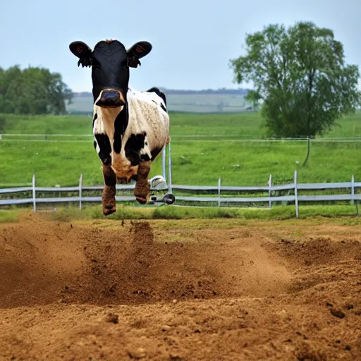 Prompt: a cow standing on a motocross jump