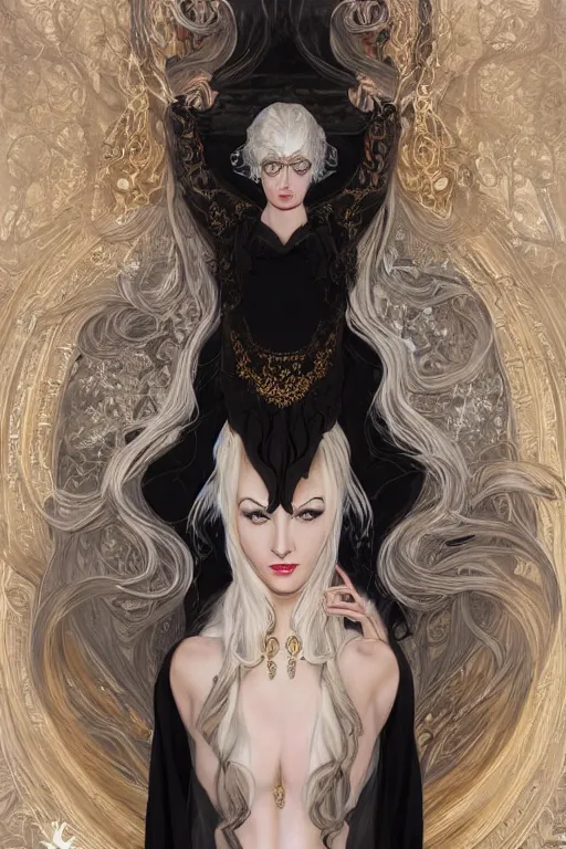 Image similar to fullbody!! of a beautiful woman with white hair, big natural horns on her head, long flowing intricate black lace dress, gold and gemstone jewellery, dnd, face, fantasy, intricate, elegant, highly detailed, digital painting, artstation, concept art, smooth, sharp focus, illustration, art by artgerm and greg rutkowski and alphonse mucha