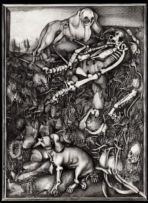 Prompt: a dachshund encountering a skeleton in the countryside, engraving by albrecht durer, hyper detailed, macabre