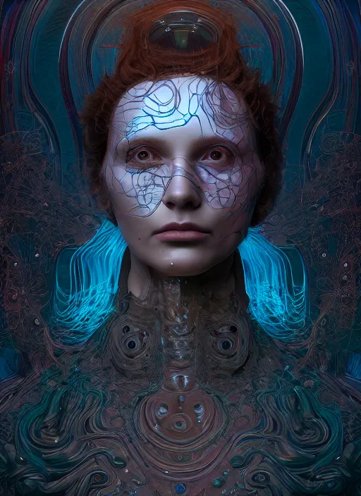 Image similar to highly detailed surreal vfx eldritch avante garde portrait of a 3 d non - euclidean hyperdimensional communications network, hyperrealistic, octane render, chiaroscuro, inspired by james jean, android jones, gerard brom, denis villeneuve, johannen voss, alphonse mucha, frostbite 3 engine