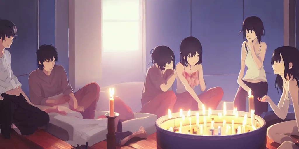 Image similar to a party at midnight, modern indoors, bay area, candles, hot tub, friendship, hope, art by makoto shinkai