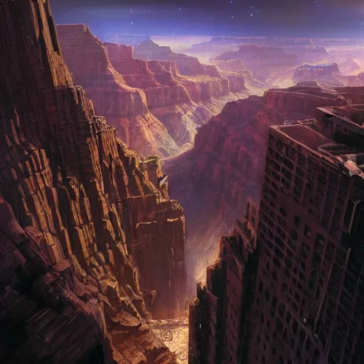 Prompt: the grand canyon filled with futuristic cyberpunk skyscrapers at night with a starry sky, cinematic, wide angle establishing shot, fantasy, hyperrealism, craig mullins, greg rutkowski, pete morbacher, tuomas korpi, tekkon kinreet, volumetric light, octane render, photorealistic concept art, highly detailed, very intricate