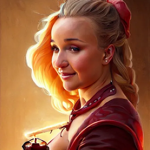 Image similar to Hayden Panettiere Eating BBQ Ribs, dripping BBQ Sauce, D&D, fantasy, intricate, elegant, highly detailed, digital painting, artstation, concept art, matte, sharp focus, illustration, hearthstone, art by Artgerm and Greg Rutkowski and Alphonse Mucha