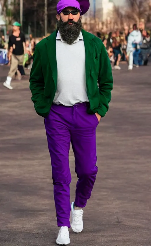 Prompt: a man of caucasian appearance with a chin curtain brown beard and without mustache in a black hat, green jacket, purple pants and white sneakers in full height, perfect face