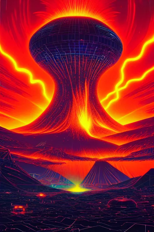 Image similar to artwork by kilian eng and toshi yoshida showing a futuristic powerstation!! in front of a ( ( exploding volcano ) ), vintage scifi, high details, dramatic lightning,, 8 k