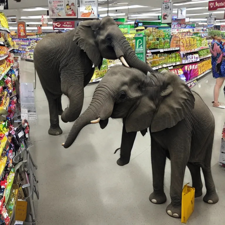 Image similar to An elephant patiently waiting in line at the supermarket