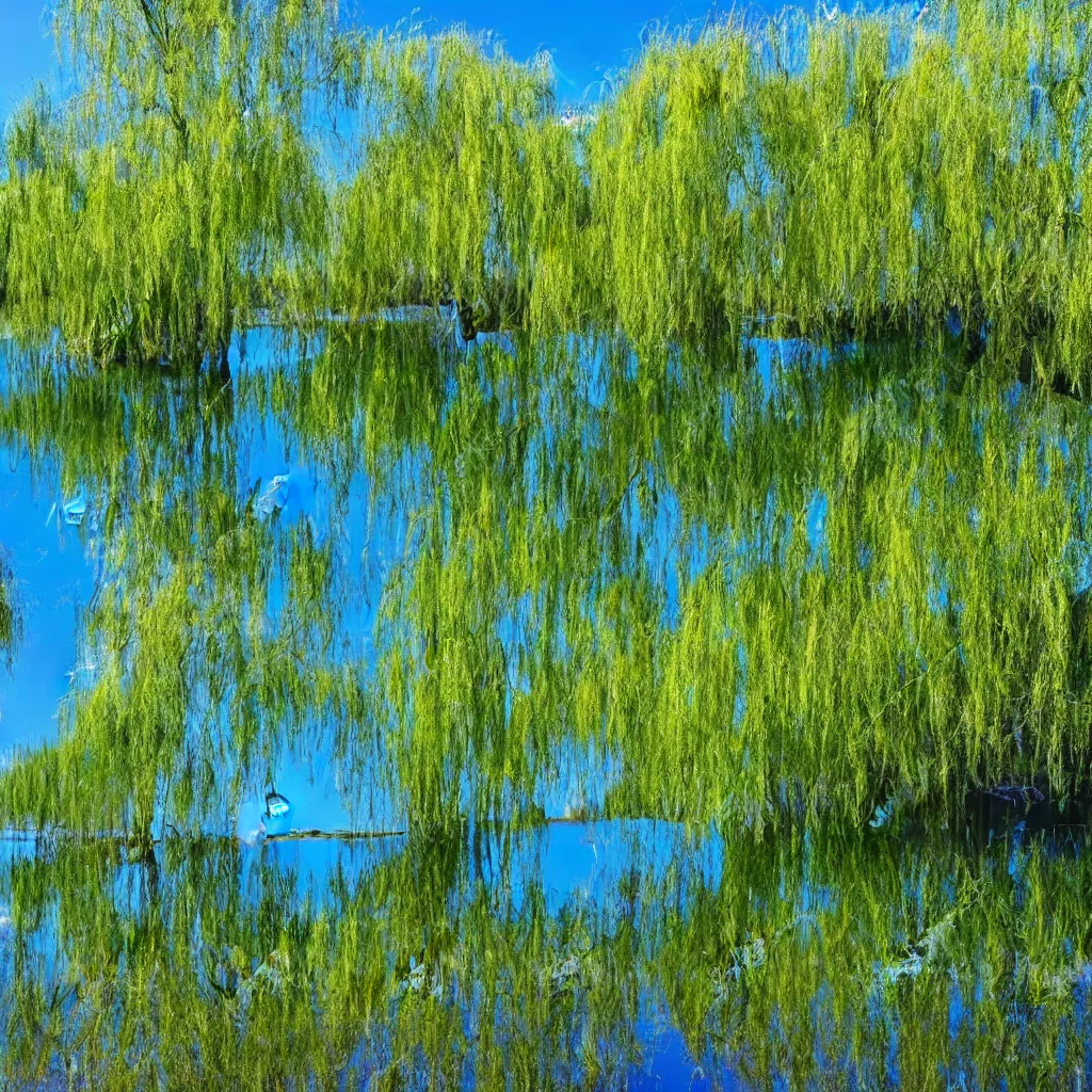 Image similar to beautiful pond seen at water level willow trees and blue sky reflecting in the water