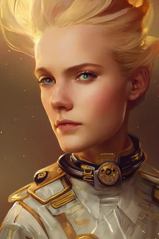 Image similar to beautiful portrait of a female officer wearing a fancy naval uniform, art by artgerm, wlop, craig mullins, alphonse mucha, science fiction, intricate detail, blonde hair, space background, trending on artstation, sharp focus, illustration, caustics, octane render, radiant light, 4 k