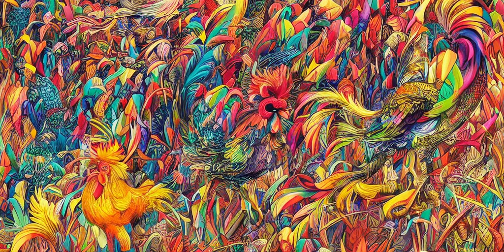 Prompt: colorful illustration of a million fighting roosters, mix of styles, abstract, surreal, intricate, highly detailed