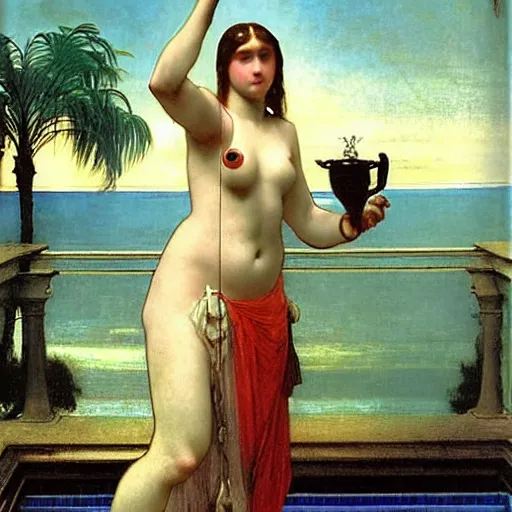 Image similar to Girl with a blood dripping chalice at the palace, thunderstorm, pool, beach and palm trees on the background major arcana sky, by paul delaroche, alphonse mucha and arnold böcklin arnold böcklin hyperrealistic 8k, very detailed