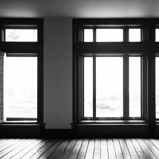 Prompt: volumetric light coming into dark room through window, black and white