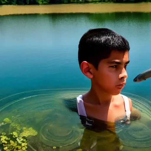 Prompt: in the style of Aurelio Rodríguez, a boy stand in the lake,some fish ,summer , close up, very high environmental details, very high facial details, 4K ,