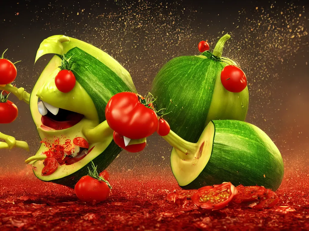 Image similar to highly detailed 3 d render of a raging zucchini character, burning scissors, running down a dirt road, scared tomates scattered everywhere, high speed action, explosions, dramatic scene, hyper realistic octane render, cinematic lighting, tomato splatter, deviantart, black sky, lowbrow, surrealism, pixar influenced, mayhem
