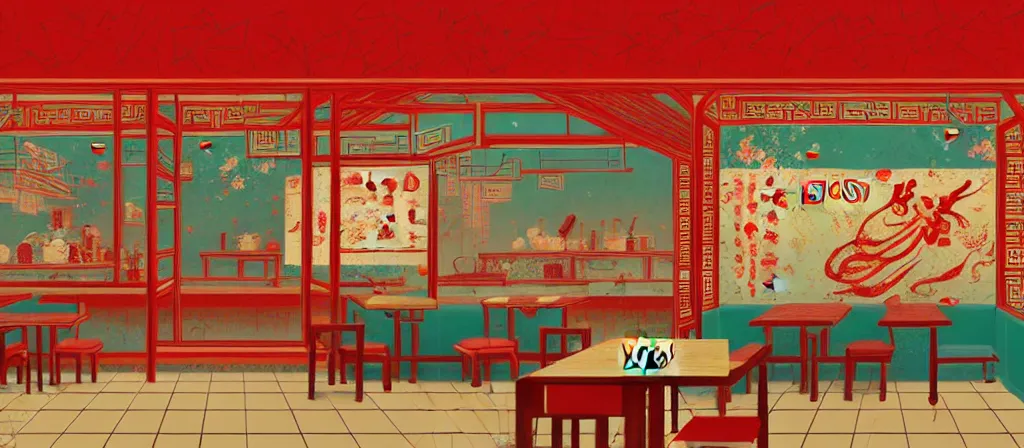 Image similar to a beautiful simple 4 k hd wall paper illustration of interior view of the corner of roasted string hotpot shop, simple style, wall painting, from china, with merchant logo, simple structure, surrealistic, chinese style, victo ngai, james jean, denoise, deblurring