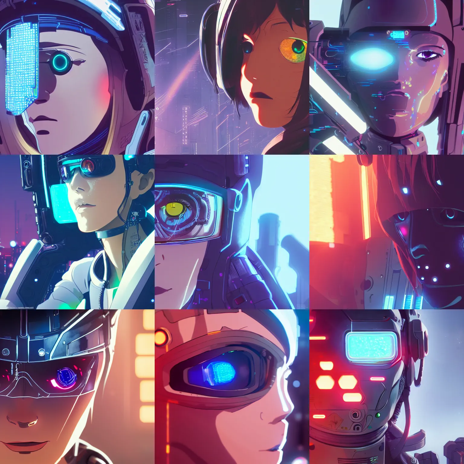 Prompt: Closeup of a cyborg bounty hunter checking her holographic HUD, cyberpunk, highly detailed, artstation, concept art, anime screenshot, by Kyoto Animation and Studio Ghibli, by Ilya Kuvshinov and Makoto Shinkai